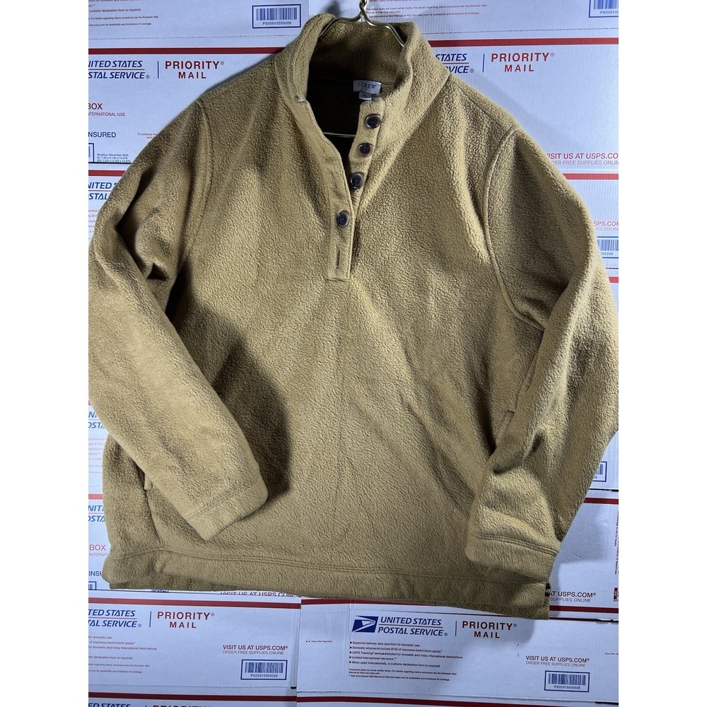 J Crew Sweater Camel‎ Brown Quarter Button Fleece Long Sleeve Pullover XL 1/4
